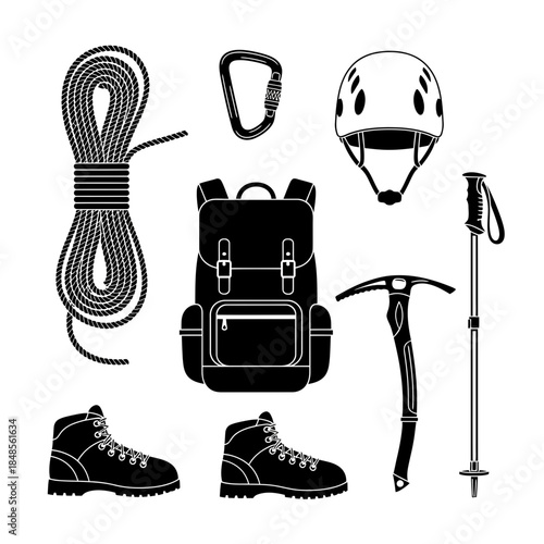 Conquer any peak with essential mountaineering gear including a helmet, rope, ice axe, boots, backpack, and trekking poles for thrilling adventures.