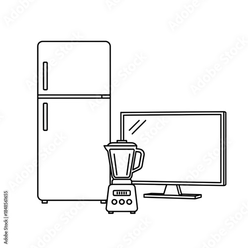 Modern kitchen appliance collection including refrigerator blender and flat screen television for home and commercial use