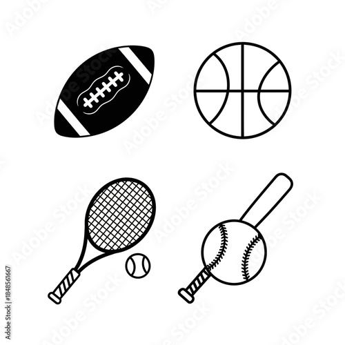 Dynamic collection of iconic sports equipment including football, basketball, tennis racket, baseball and bat, perfect for athletic branding and design.
