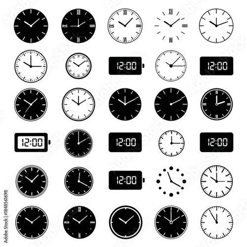 Collection of diverse clock faces and digital time displays showcasing modern and classic timekeeping styles for various applications.