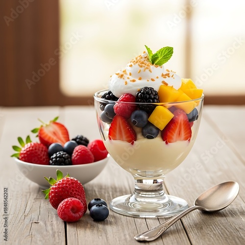 A vibrant dessert cup overflows with mixed berries, mango cubes, whipped cream, and a sprig of mint. A small bowl and spoon complete the scene