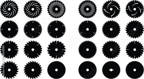 Circular saw blade silhouettes set, multiple cutting disc designs for woodworking and metalwork isolated on white background industrial vector illustration