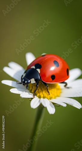 A vibrant, detailed close-up of a red and black ladybug on a white daisy with a yellow center, set against a blurred green backdrop