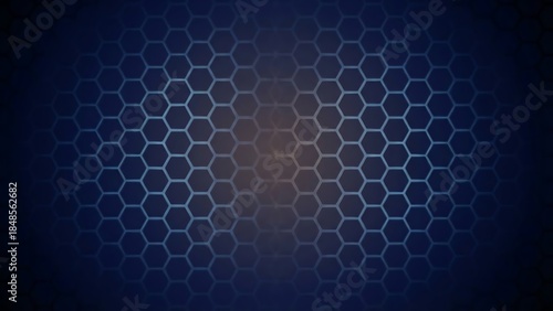 Abstract blue background with a metallic black honeycomb pattern featuring dark hexagon mesh texture and a technology grid design