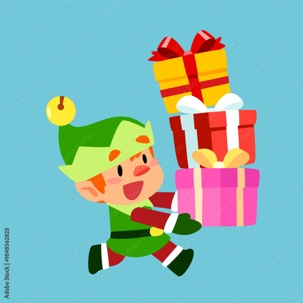 Naklejka premium Cute Christmas Elf Carrying Gift Boxes