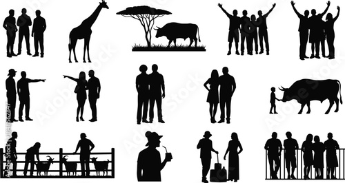 Collection of black vector silhouettes, people talking, travelers with luggage, farmers with goats, giraffe, and cheering friends, isolated illustration.