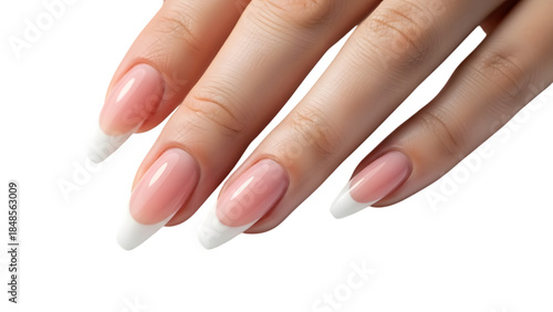 Woman's hand with french manicured nails isolated on a transparent background fingers white tips