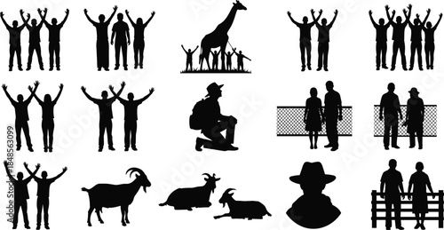 Collection of vector silhouettes, happy people crowds, zoo animals, giraffe, goats, and tourists visiting farm, isolated illustration.