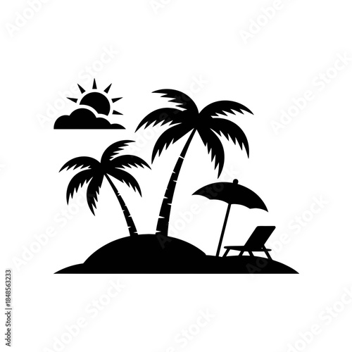 beach, silhouette, tropical, palm, trees, sun, umbrella, vector, icon, clipart, vacation, island, paradise, summer, holiday, blackwhite, monochrome, outline, relax, lounge, chair, seaside, coast, geta