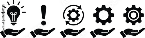 Hand holding icons set with lightbulb idea gear settings and exclamation mark, business support solution concept, vector illustration silhouette graphic design art