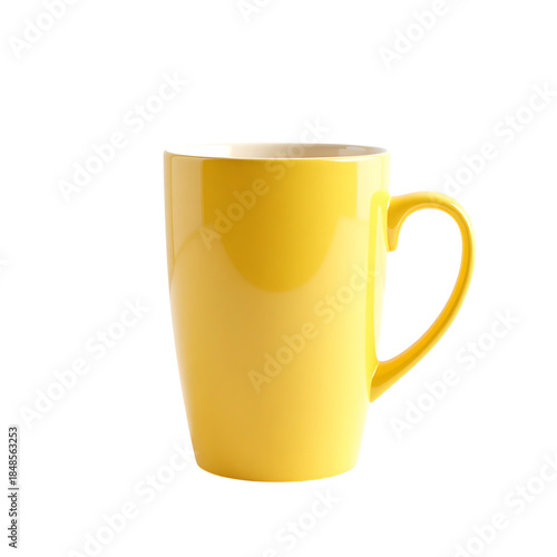 Bright yellow ceramic mug with handle isolated on transparent background