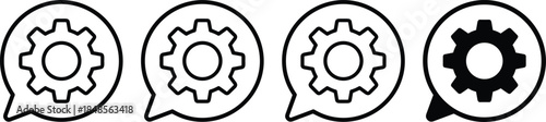 Technical support chat icons with gear symbol inside speech bubble, settings communication sign, maintenance discussion logo, vector illustration line art design set