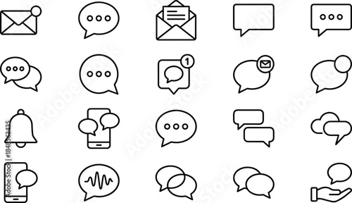 Communication icons, messaging symbols, notification interface vector, mobile chat elements, black line illustration, cad drawing flat vector illustrationCommunication icons, messaging symbols, n