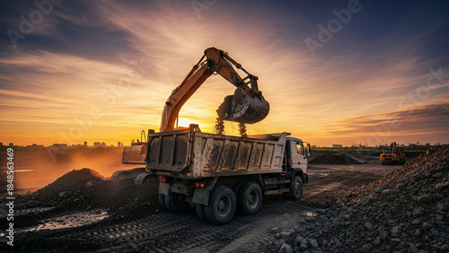 Excavator Working on Construction Site – Heavy Machinery and Earthmoving Equipment in Industrial Project