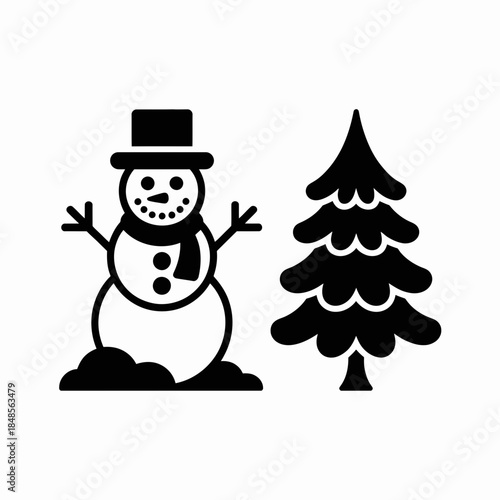 snowman, silhouette, christmas, tree, vector, clipart, icon, winter, holiday, blackwhite, tophat, festive, xmas, december