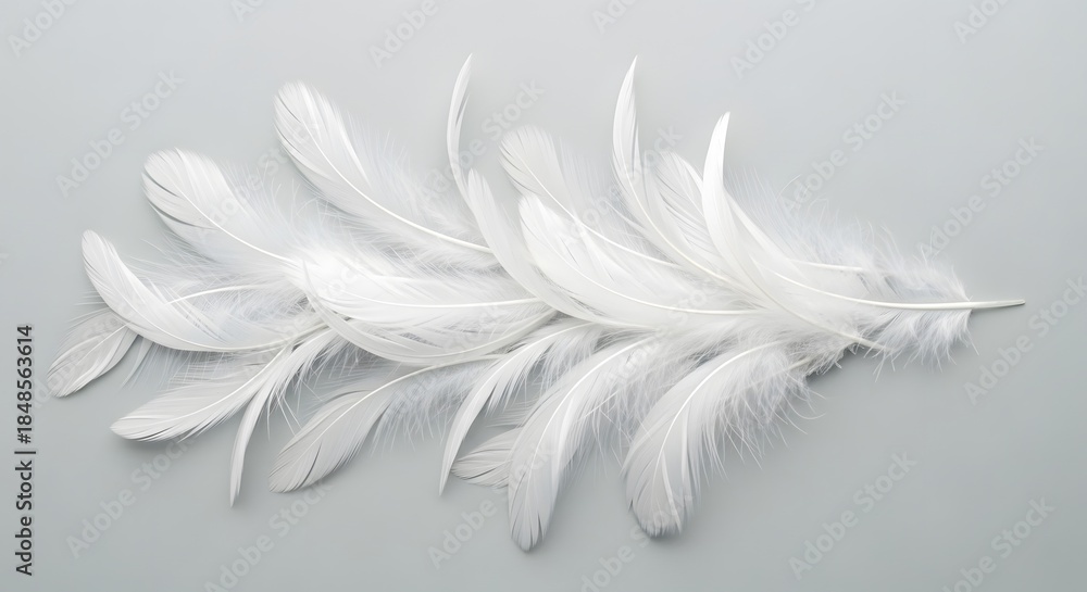 Obraz premium Delicate white feathers arranged in an upward-curving arrow shape against a light grey background, conveying lightness, softness, elegance, and gentle ascent