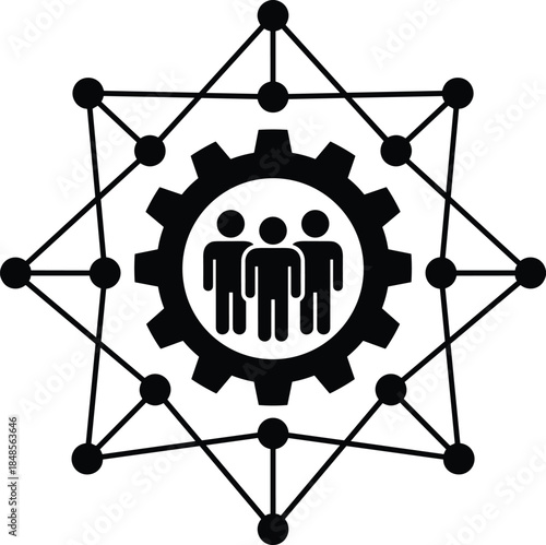 Teamwork management icon, human resources gear symbol, business network connection sign, people communication technology concept, collaborative workforce system, vector illustration design graphic