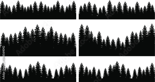 Coniferous tree line silhouettes, black forest vector, nature design, minimal layout, white background, evergreen landscape, graphic illustration, outdoor theme