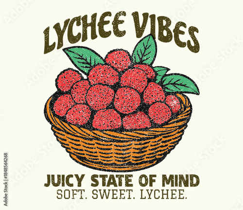 Lychee vibes juicy state of mind. summer fruit Design. food fashion.  vintage t-shirt design. women's print designs, kid's and men's t-shirt designs. summer tropical print design. for the farmers mark