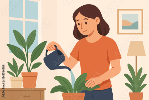 Young woman watering indoor plants