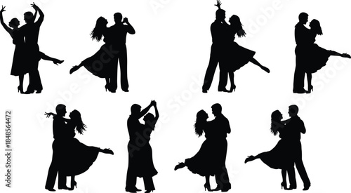 Couple, dance, silhouette, set, romantic, ballroom, tango, waltz, dancing, poses, elegant, partners, love, performance, black, vector, isolated, white, background, illustration