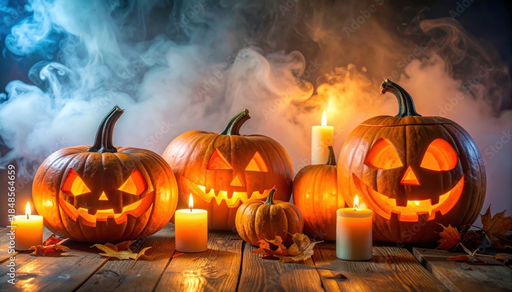 Fototapeta premium Halloween - Jack O' Lanterns And Candles On Table In Misty Night