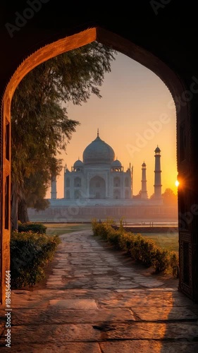 Taj Mahal monument visible through an ornate archway at sunrise with dramatic golden light