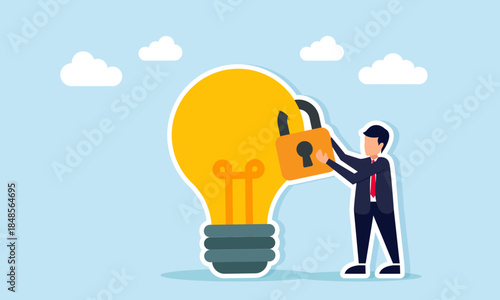Businessman sealing a light bulb with a padlock illustration of patenting business ideas and innovation