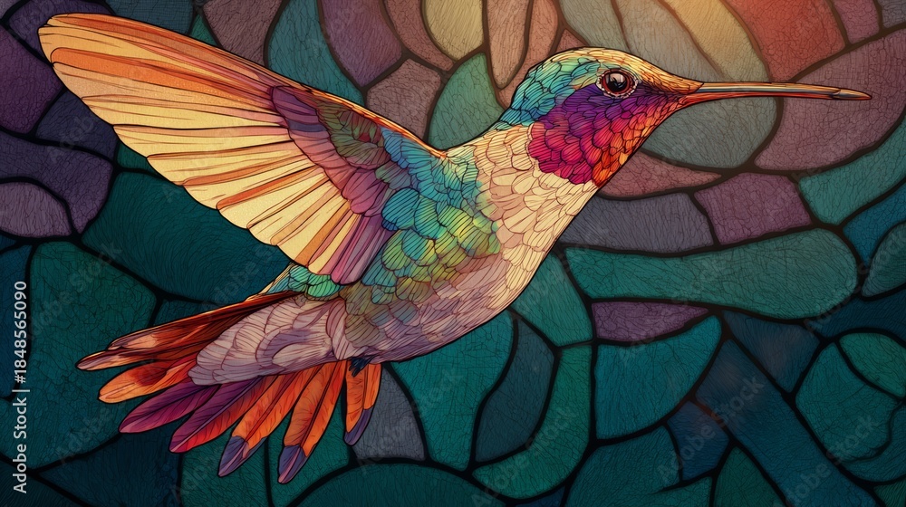 Naklejka premium Vibrant Hummingbird in Stained-Glass Style, Jewel-Toned Feathers, Artistic Nature Illustration
