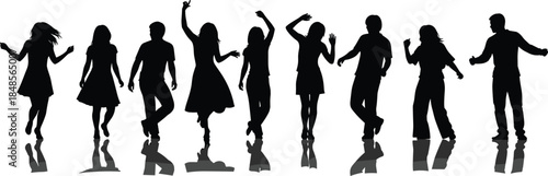 Dancing people silhouette group illustration, happy men and women dancing together, party celebration concept, nightlife energy, fun movement, social lifestyle