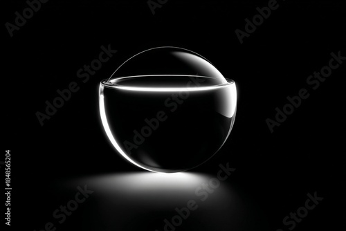 Elegant glass sphere with reflective light on black background