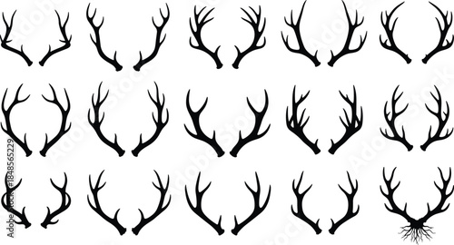 Deer antler silhouettes collection, stag horn shapes set, wildlife nature symbols, black vector illustration isolated white background design graphic elements
