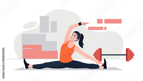 A woman in an orange tank top and black leggings performs a side split stretch on a yoga mat, with a barbell and abstract shapes in the background.