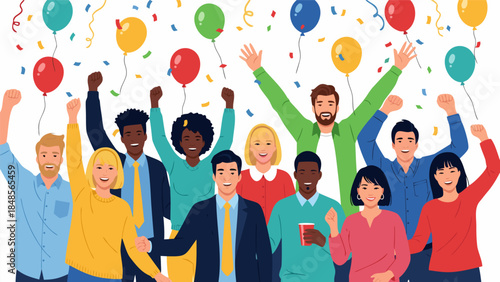 A diverse group of happy people celebrating with balloons and confetti, raising their hands in the air.