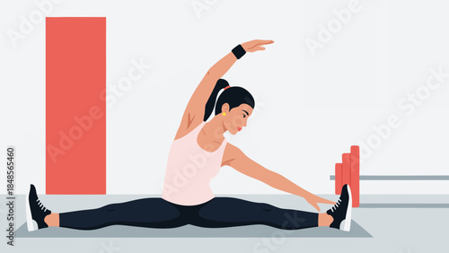 A woman performs a seated side bend stretch, extending one arm overhead and reaching towards her foot in a split position.