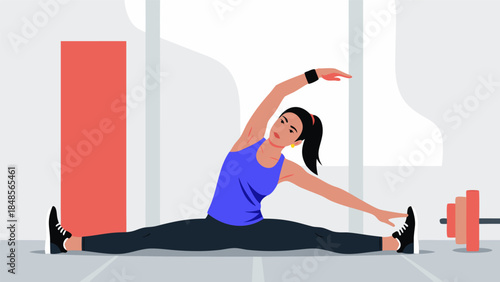 A woman in athletic wear performs a side split stretch in a gym with weights in the background.