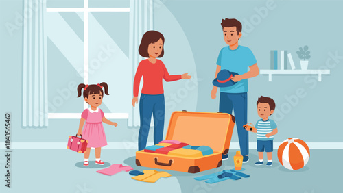 A family is packing a suitcase for a trip, with clothes and accessories scattered around them.