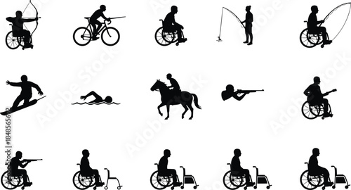 Set of black silhouettes showing people with disabilities engaging in diverse para-sports, including archery, cycling, fishing, and shooting, promoting inclusive and active lifestyles