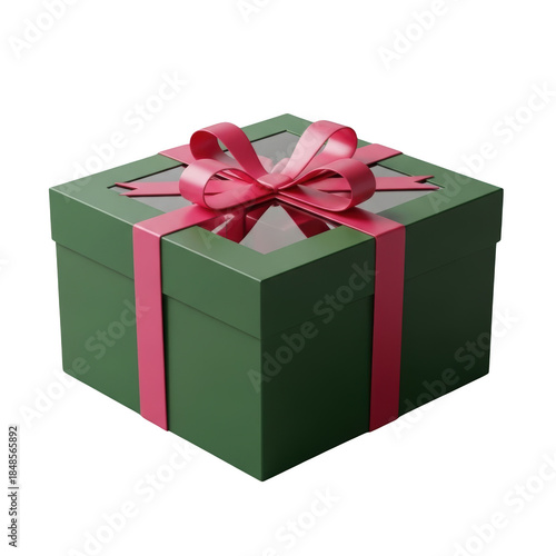Green gift box with pink ribbon and clear window lid present