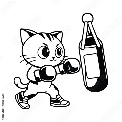 Cute Boxing Cat Training with Punching Bag Line Art Illustration