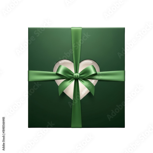 Green gift box with satin ribbon and heart cutout image