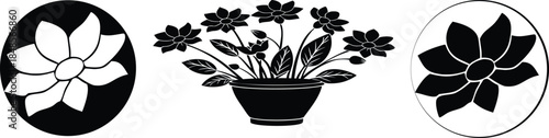 Flower Pot & Floral Emblem Icons – Black Silhouette Botanical Set