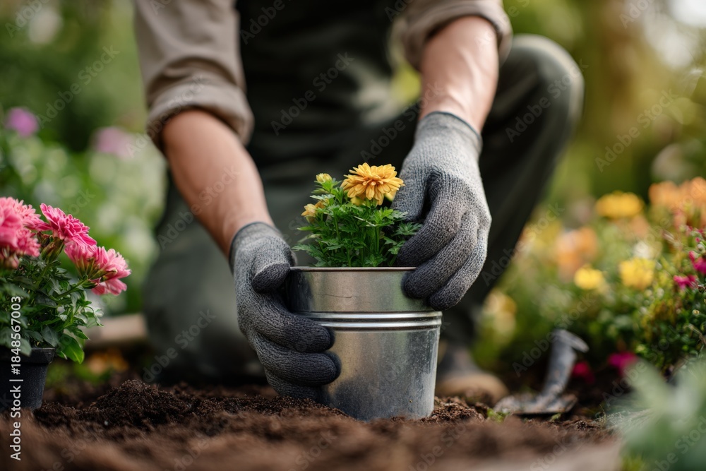 Fototapeta premium Adult male gardening: planting yellow flowers in metal pot with gloves