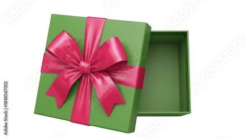 Open green gift box with pink ribbon and bow open box green box