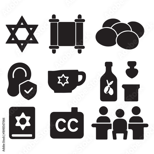 Hanukkah solid icon set. Jewish holiday symbols, menorah, dreidel, Jewish icon set, Torah and challah icons, Star of David vector, spiritual practice icons, synagogue UI elements, heritage and ritual 