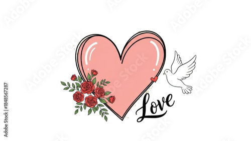 Pink heart with red roses and flying dove text love romance valentine