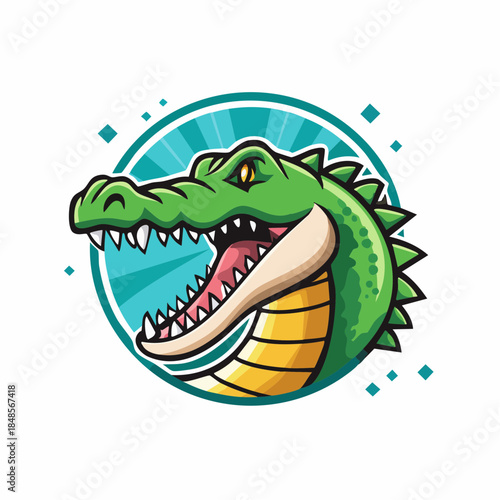 Green crocodile illustration inside circular frame with blue and green tones