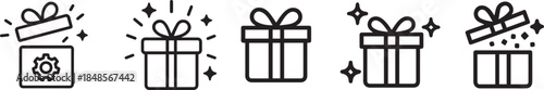 gift box icons, festive vector, e-commerce gift, special occasion icons, surprise icon. Christmas present, surprise outline vector icons. Gift box, present icon set, magical box icons, event branding 