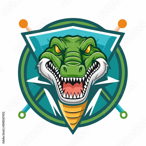 Cartoon crocodile mascot inside star-shaped emblem