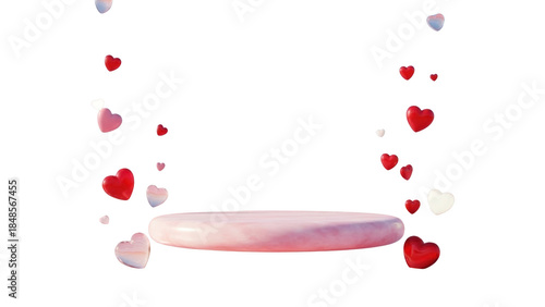 Pink podium with falling red and white hearts on black background love romance 1
